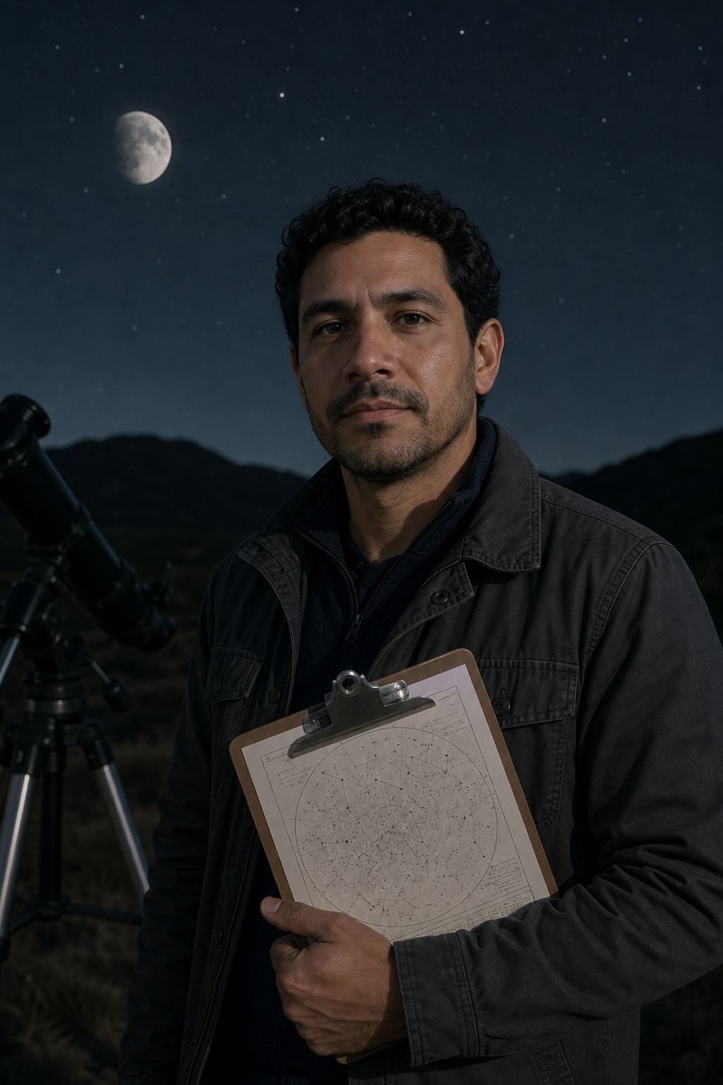 Omar Reyes in a charcoal jacket checking star charts on a clipboard in low moonlight