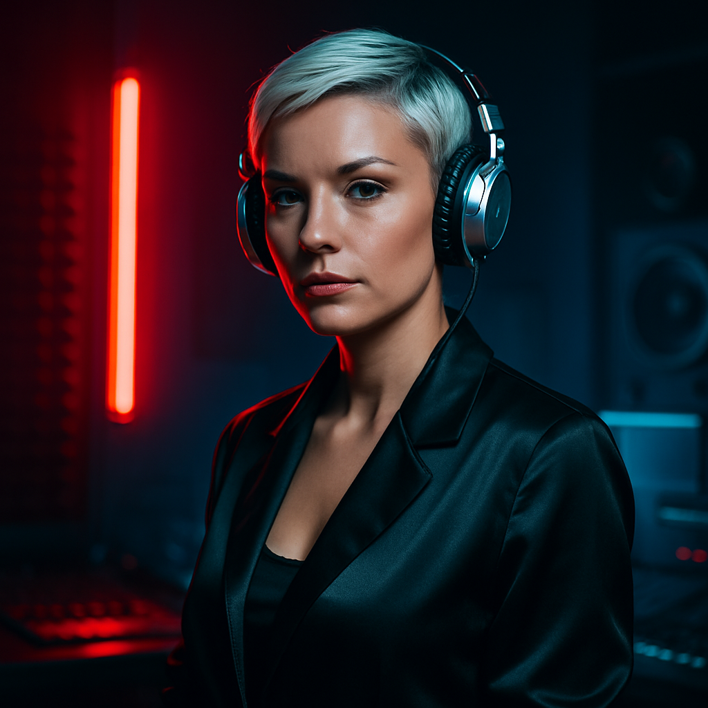 Confident female DJ with short platinum hair wearing a black satin jacket and silver headphones in a neon-lit studio