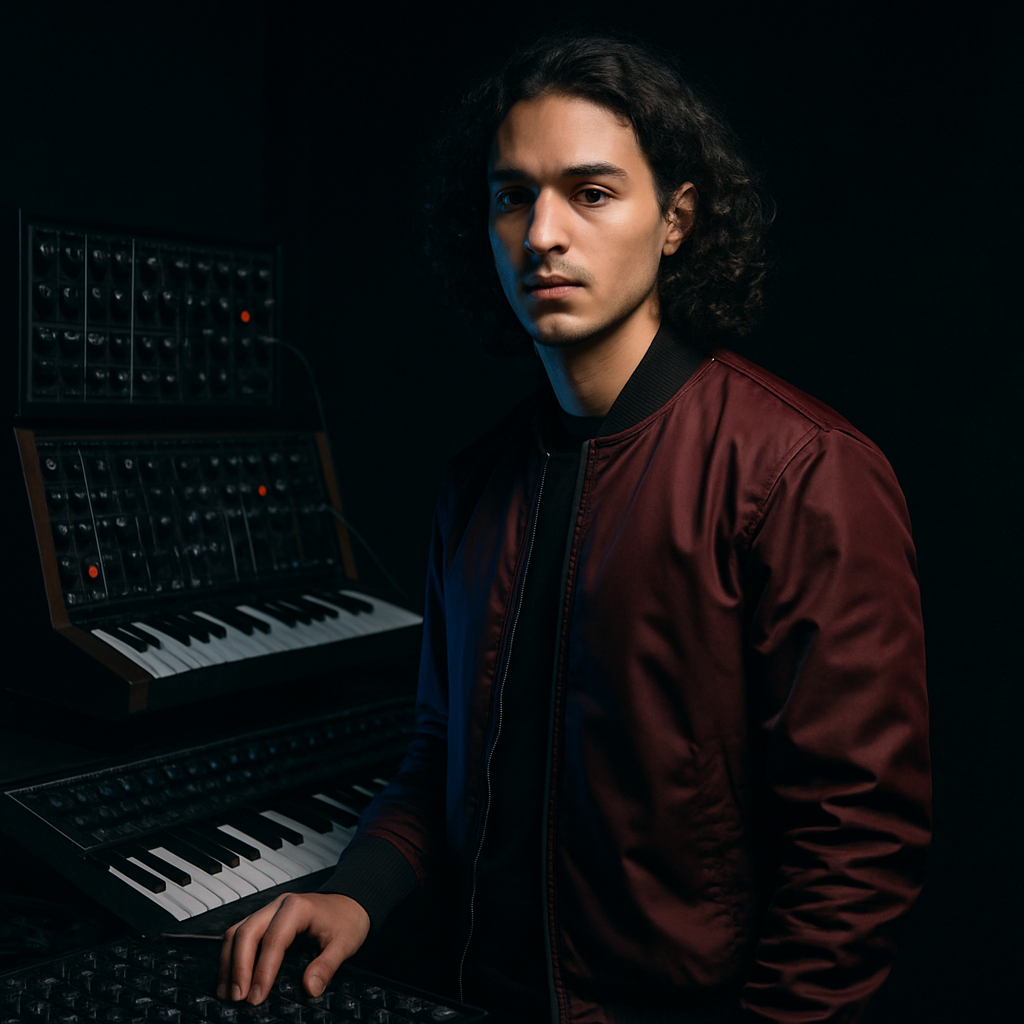 Male DJ with shoulder-length curls wearing a deep burgundy bomber jacket, standing by analog synths with soft blue lighting