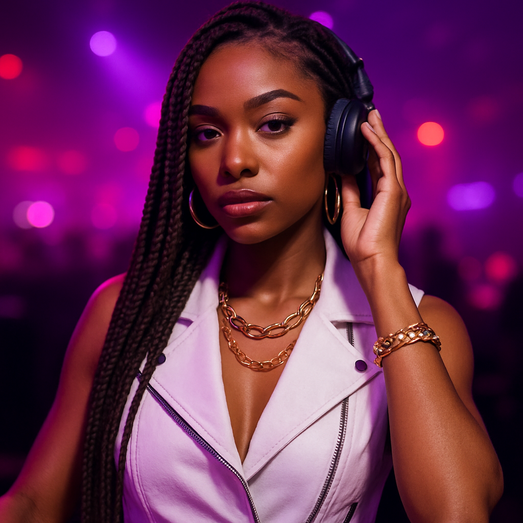 Stylish female vocalist DJ with long braids wearing a white leather vest and gold jewelry, posed under purple stage lights