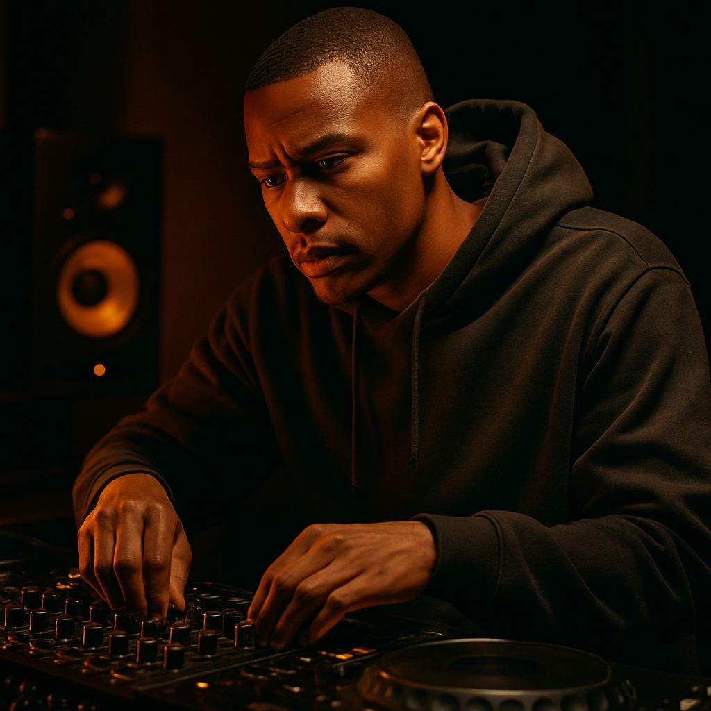 Male DJ with close-cropped hair wearing a charcoal hoodie, leaning over a mixer with warm amber lighting
