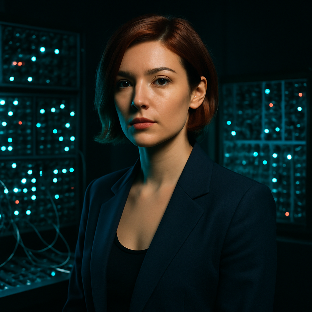 Female producer with short auburn hair wearing a midnight blue blazer, surrounded by glowing modular synth panels