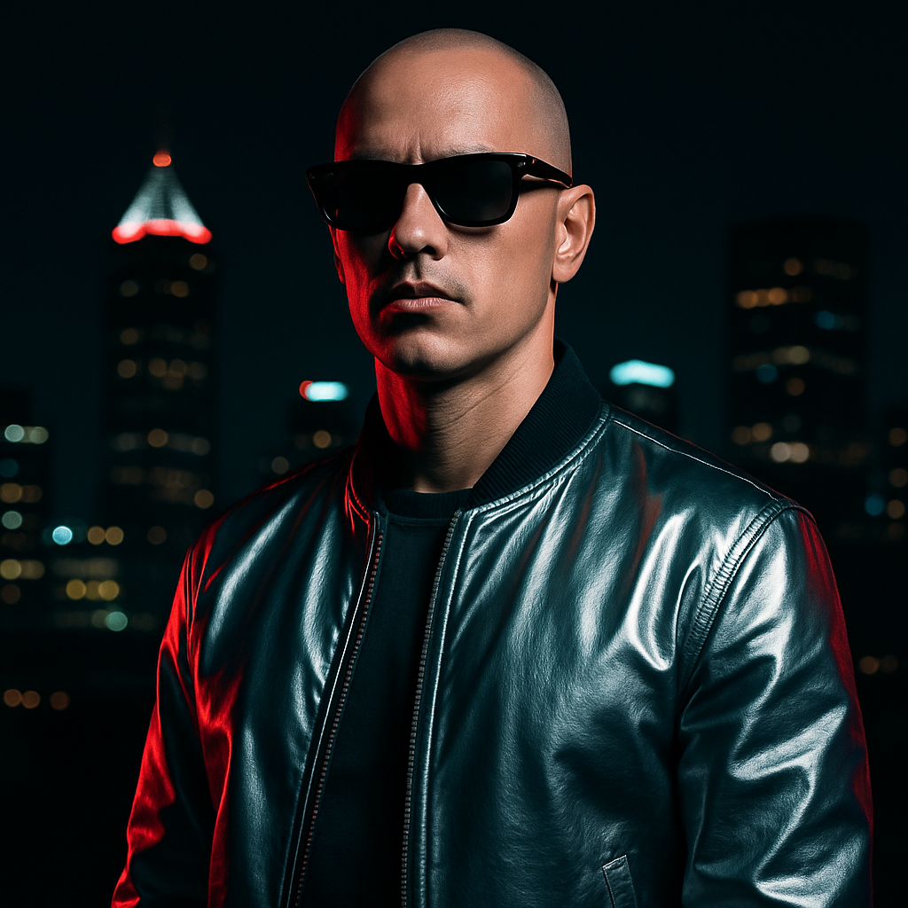 Male DJ with a shaved head wearing a metallic silver jacket and black sunglasses, standing in front of a city skyline at night