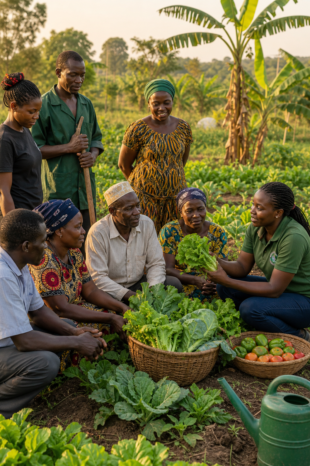 Community members in rural Uganda standing in a healthy vegetable field during a collaborative training session, with women and men discussing harvest baskets and climate-smart farming practices
