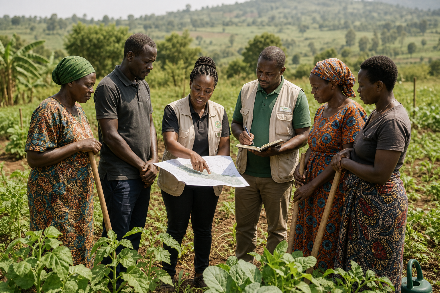 Community facilitators and farmers in Uganda reviewing crop plots and planning next-season climate-smart activities together