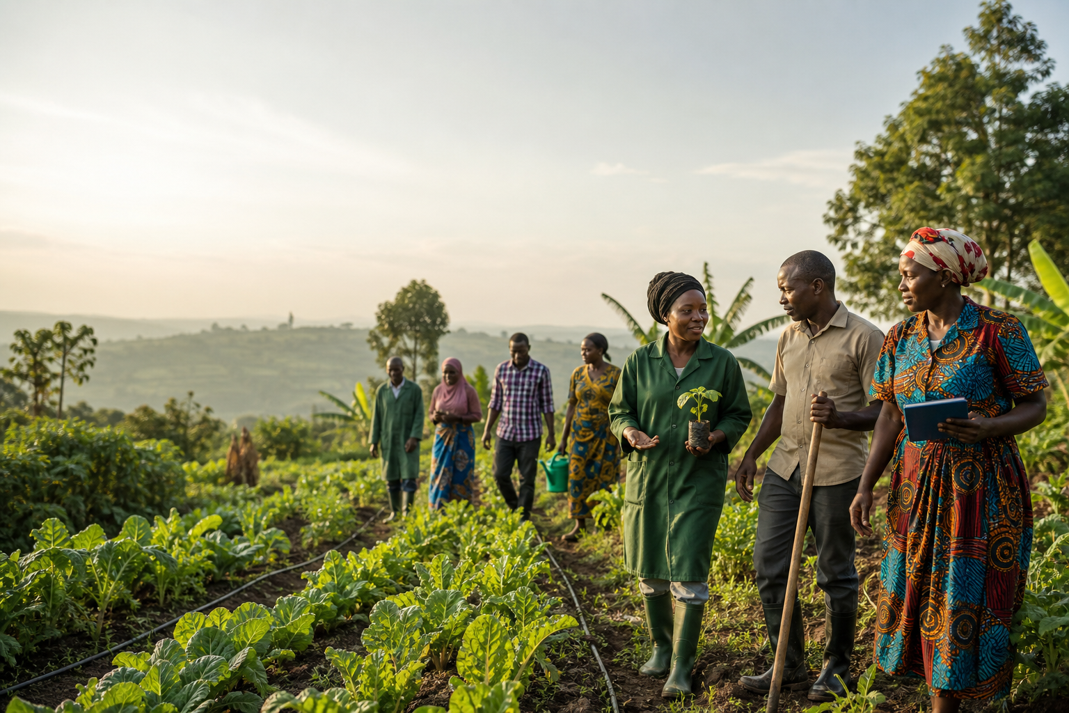 Community members and local partners walking through green crop rows in East Africa, discussing climate-smart farming practices with a hopeful forward-looking atmosphere