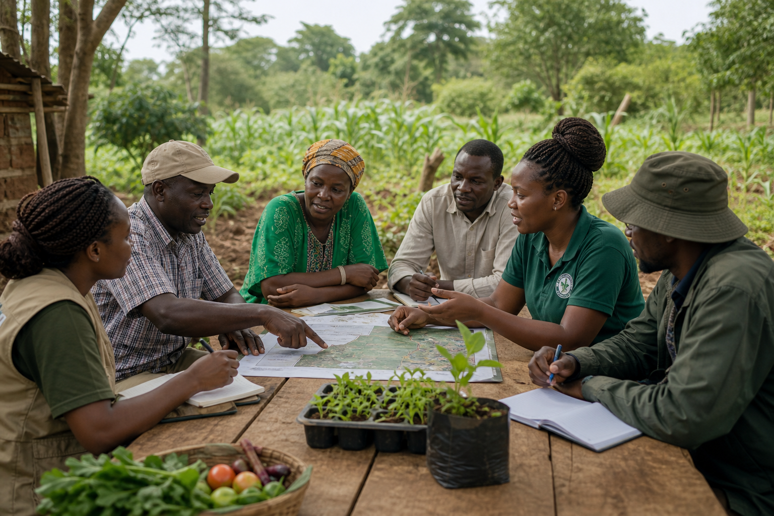 Representatives from local farmer groups, NGO staff, and research partners reviewing field plans together at a community agriculture site in East Africa