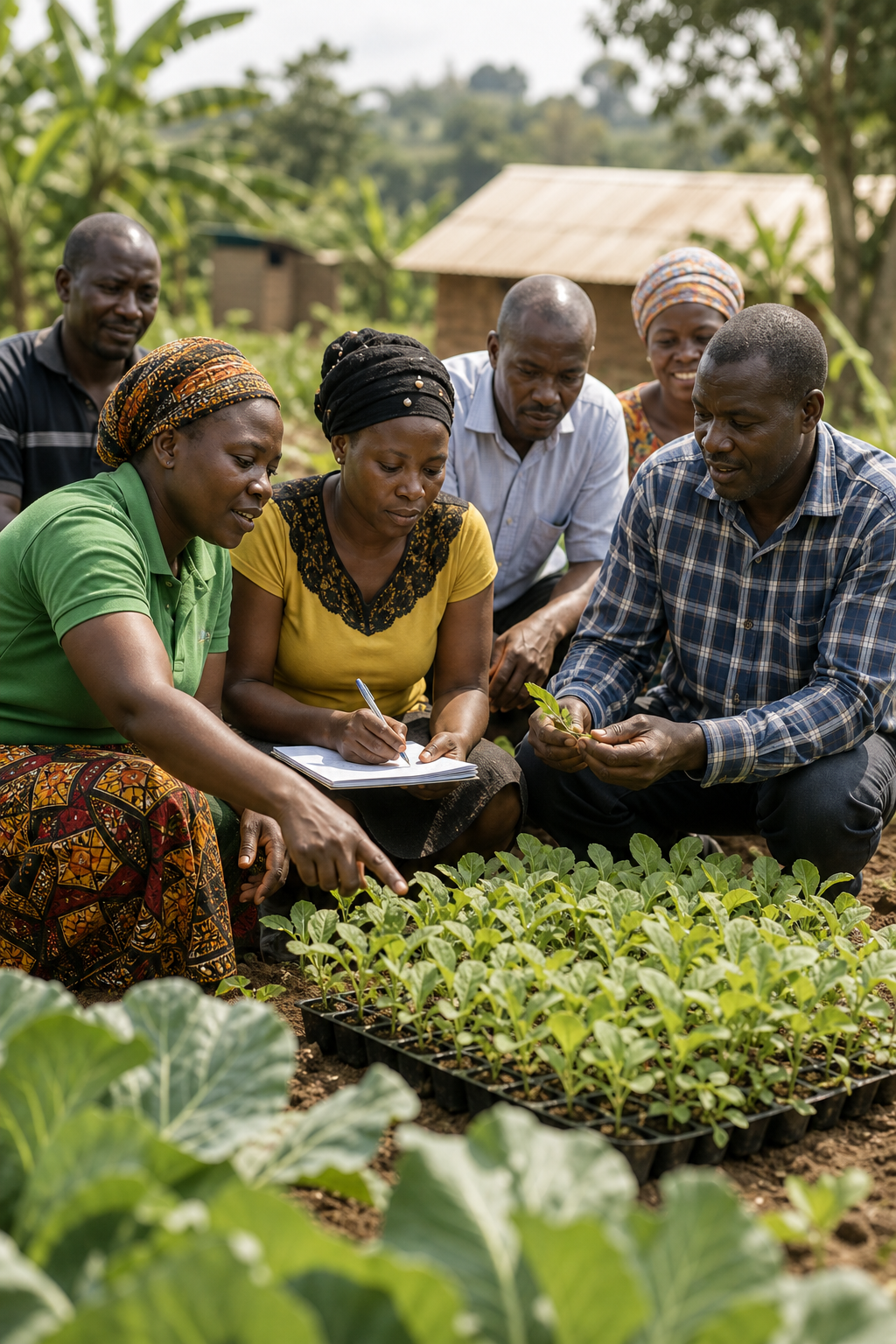 Community agriculture training circle with women and men reviewing seedlings and field notes in a green demonstration garden in Uganda
