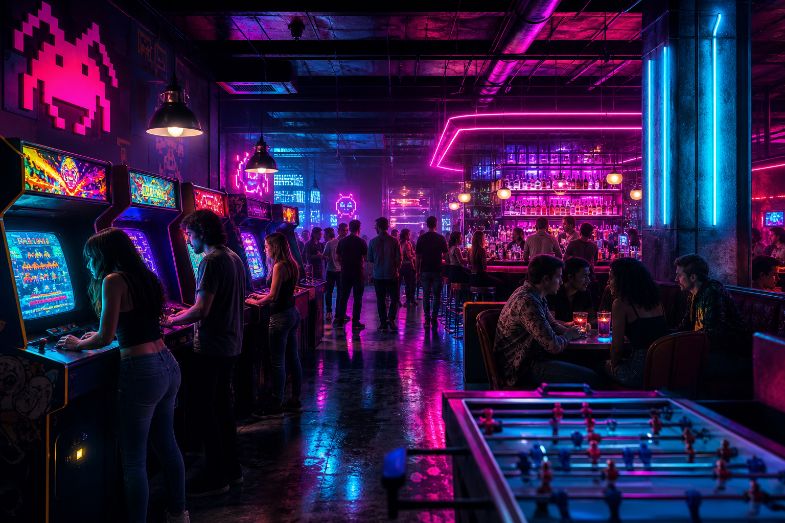 Neon-lit retro arcade bar interior with glowing game cabinets, cocktail bar, and moody nightlife atmosphere