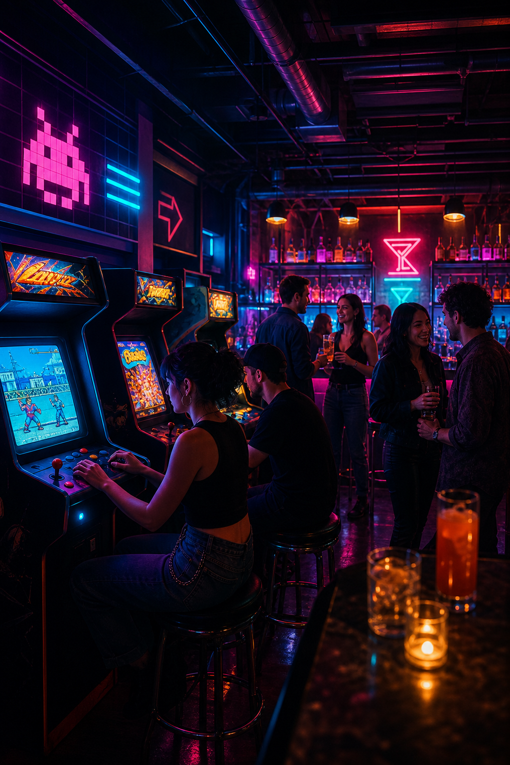 Moody neon arcade bar interior with glowing cabinets, cocktail bar highlights, and a social night crowd