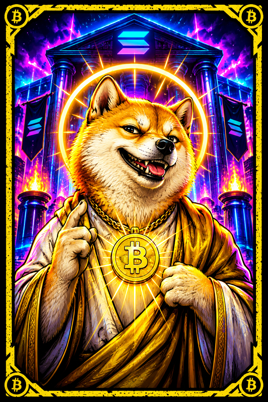 Chaotic holy inu saint-dog with a glowing halo, bitcoin medallion, and neon Solana shrine backdrop