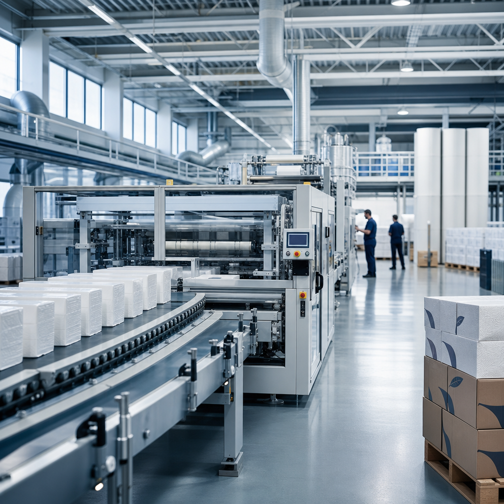 Clean modern tissue and napkin manufacturing line inside a bright professional factory