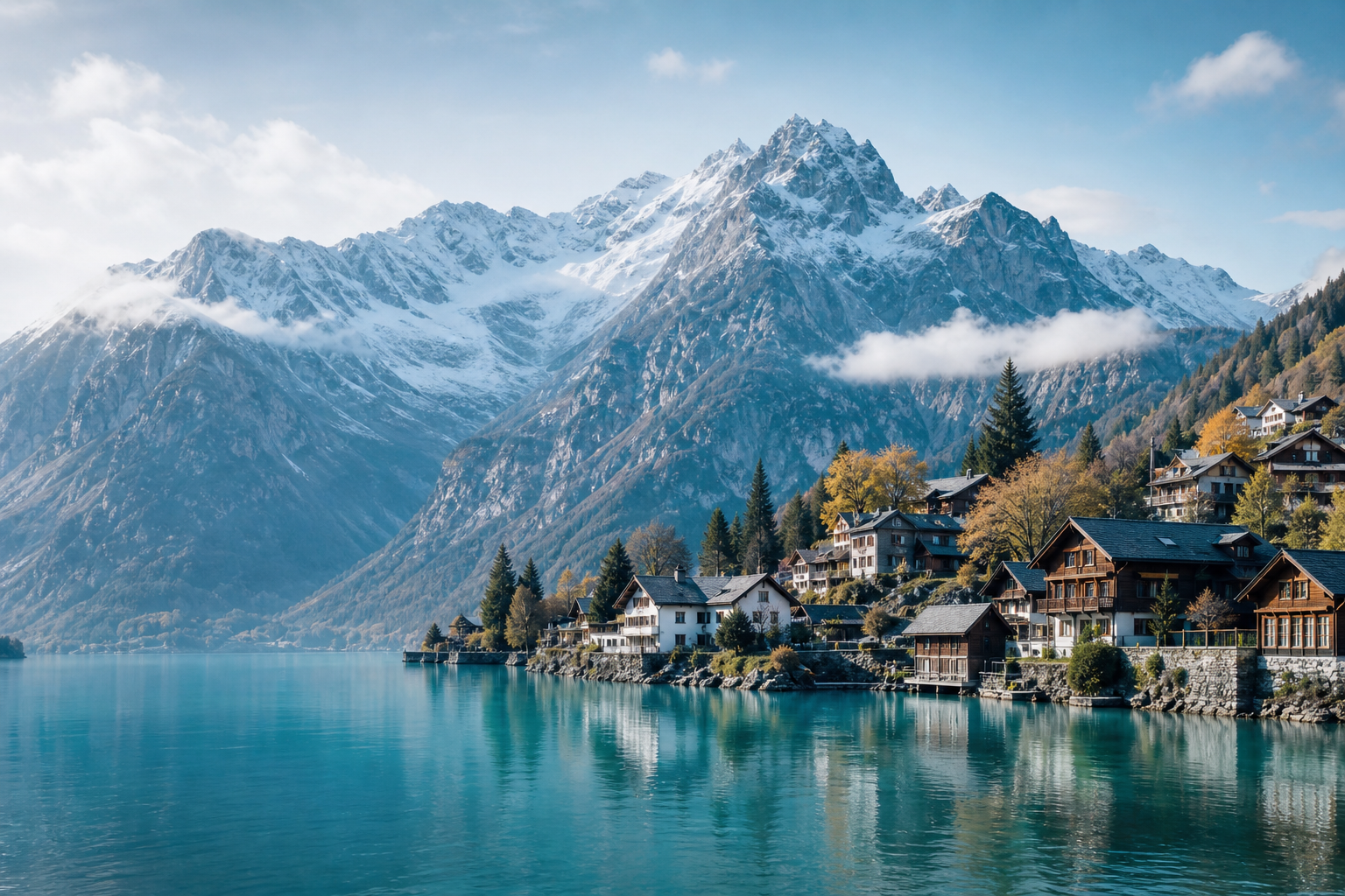 Turquoise alpine lake bordered by a charming lakeside village with mountain peaks behind