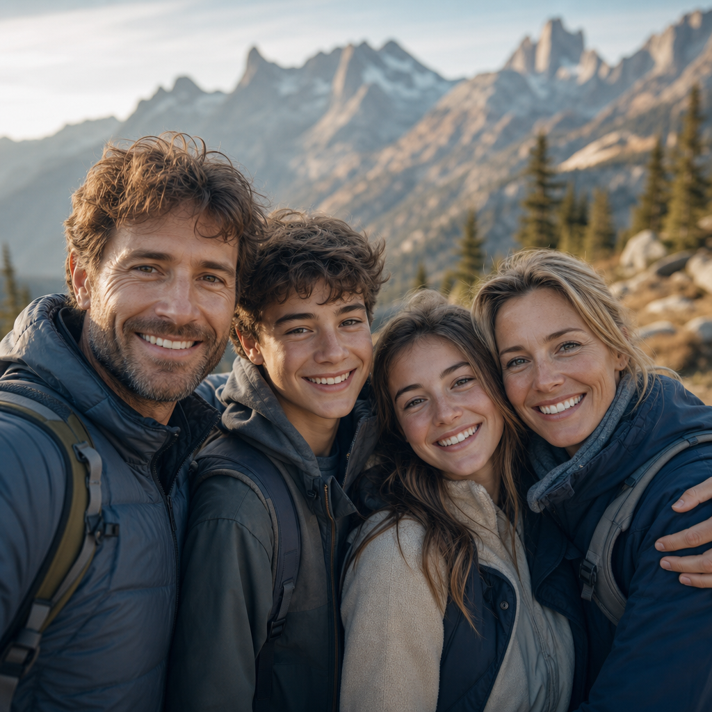 Close-up group portrait of a family of four, parents and two teenagers, in casual hiking layers, softly blurred alpine mountain ridge behind them at golden hour
