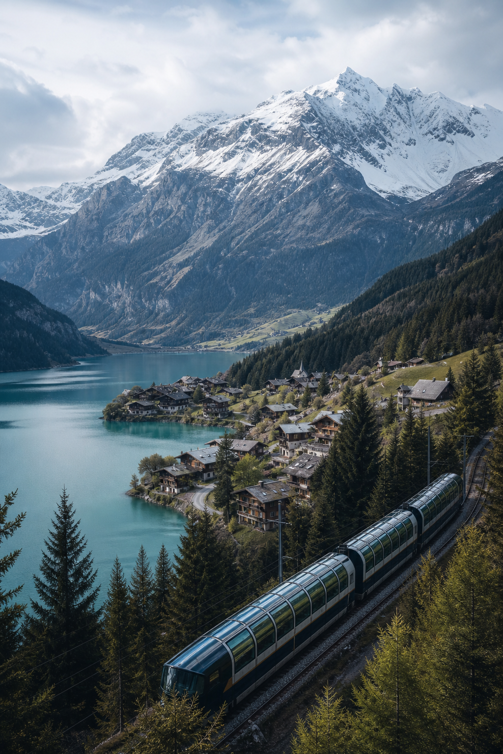 Alpine village beside a turquoise mountain lake with a panoramic train passing through pine forest and snow-capped peaks beyond