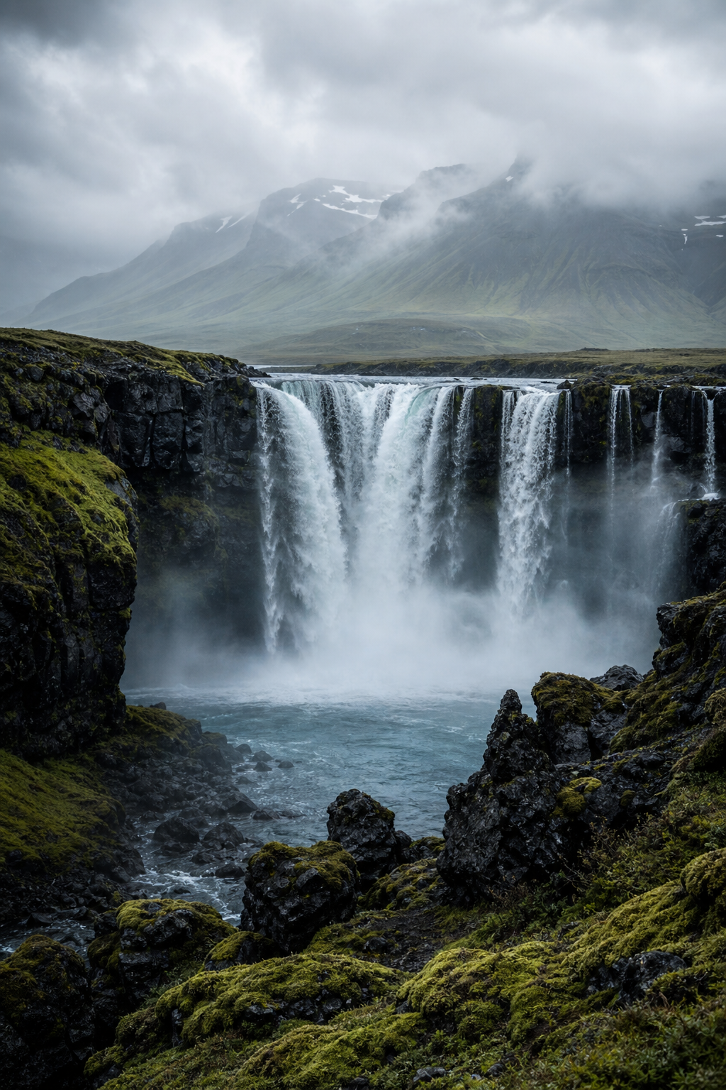 Icelandic waterfall cascading over dark volcanic rock with moss-covered lava fields stretching into misty mountains