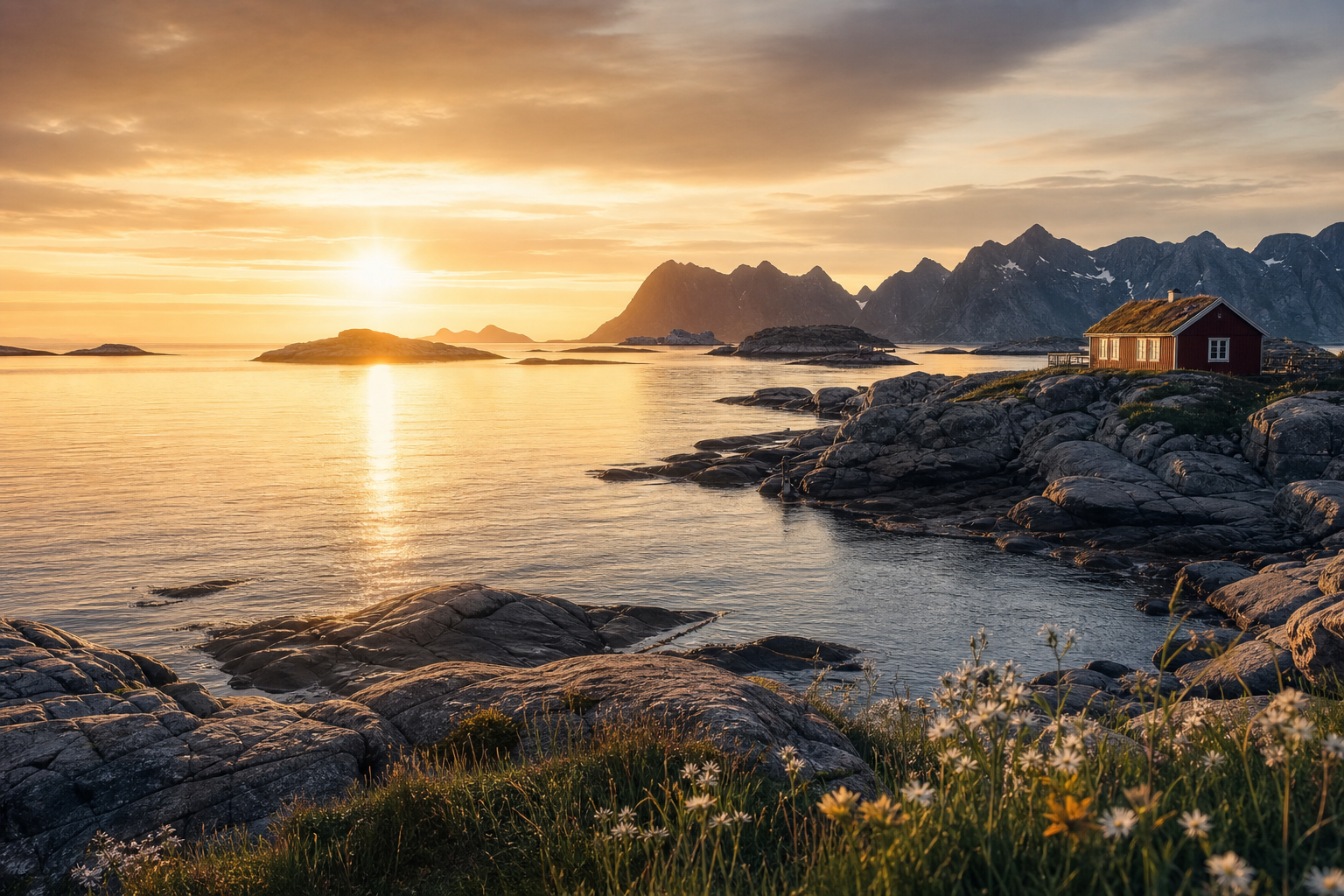 Golden midnight sun light over a quiet arctic coastal cove in northern Norway
