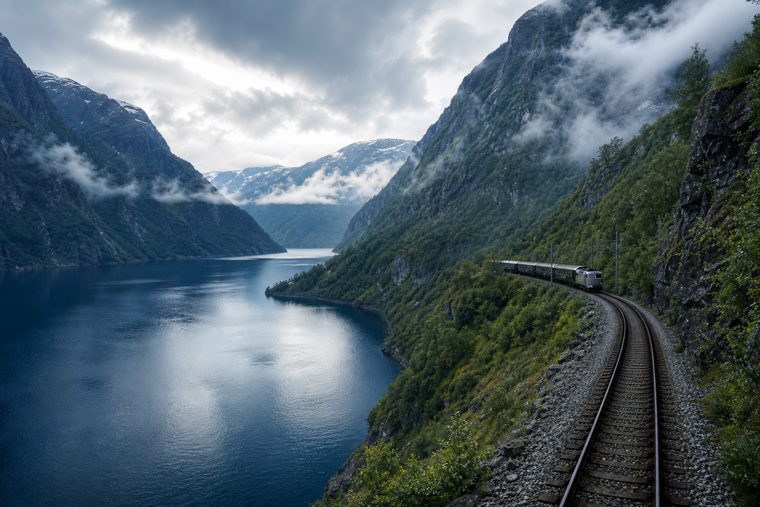 Scenic railway winding along a deep blue Norwegian fjord surrounded by steep green mountains