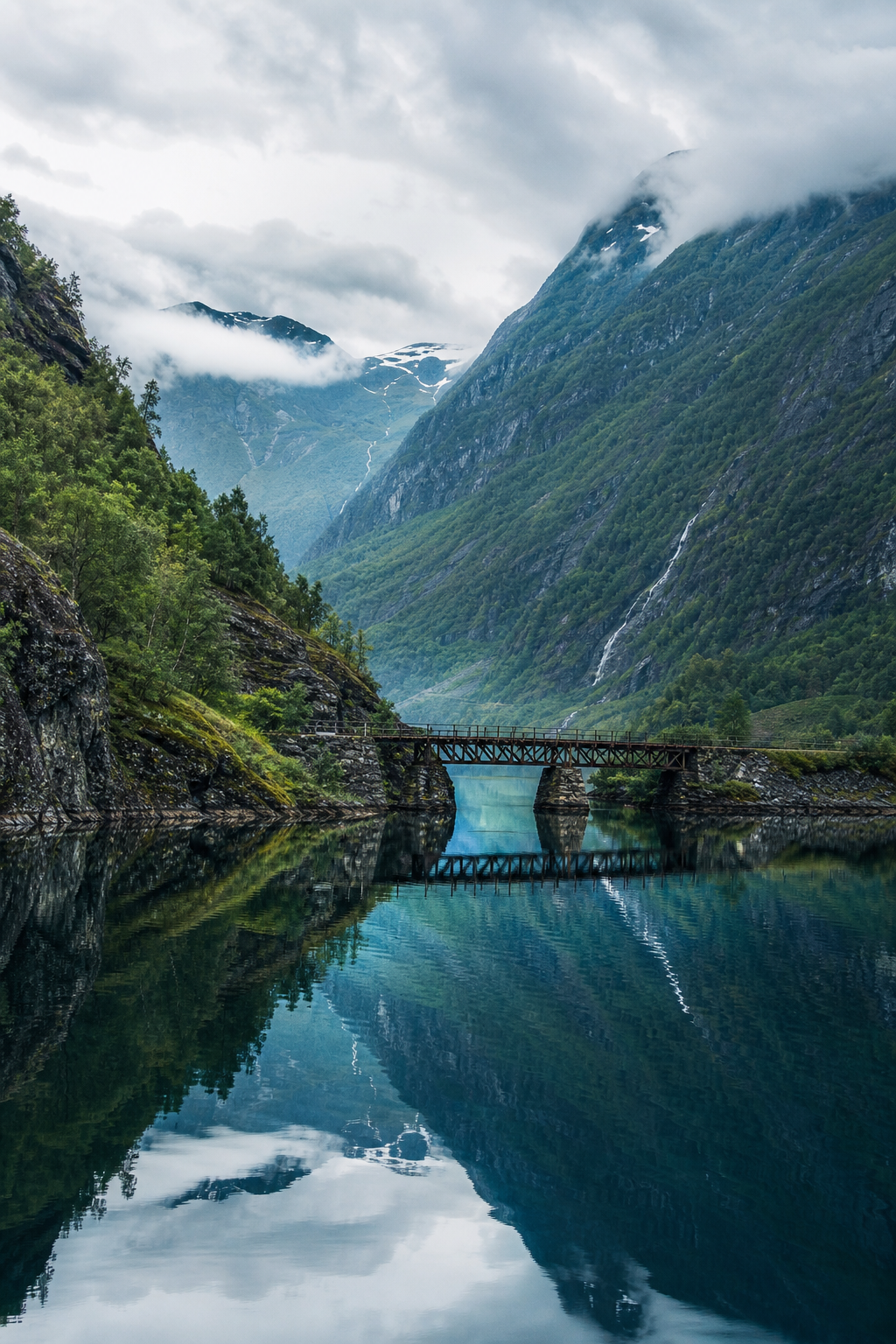 Calm Norwegian fjord reflecting steep green mountains with a scenic railway bridge crossing the water