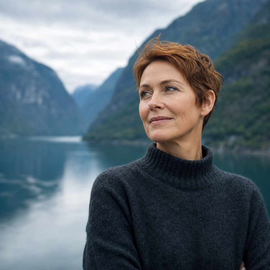 Close-up portrait of a confident woman in her forties with short auburn hair wearing a charcoal wool sweater, softly blurred Norwegian fjord and mountains behind her