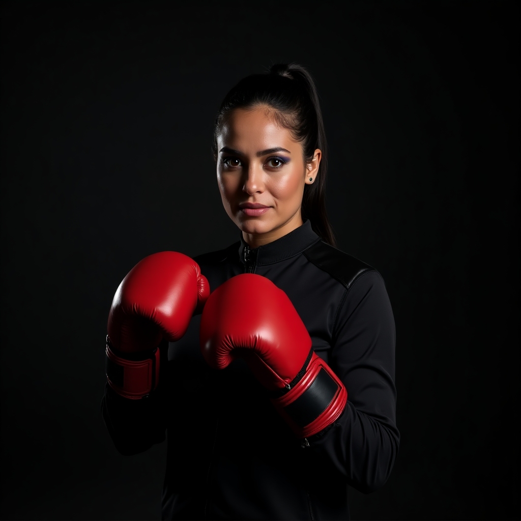Coach Lena Morales wearing a black boxing jacket with red gloves, confident stance