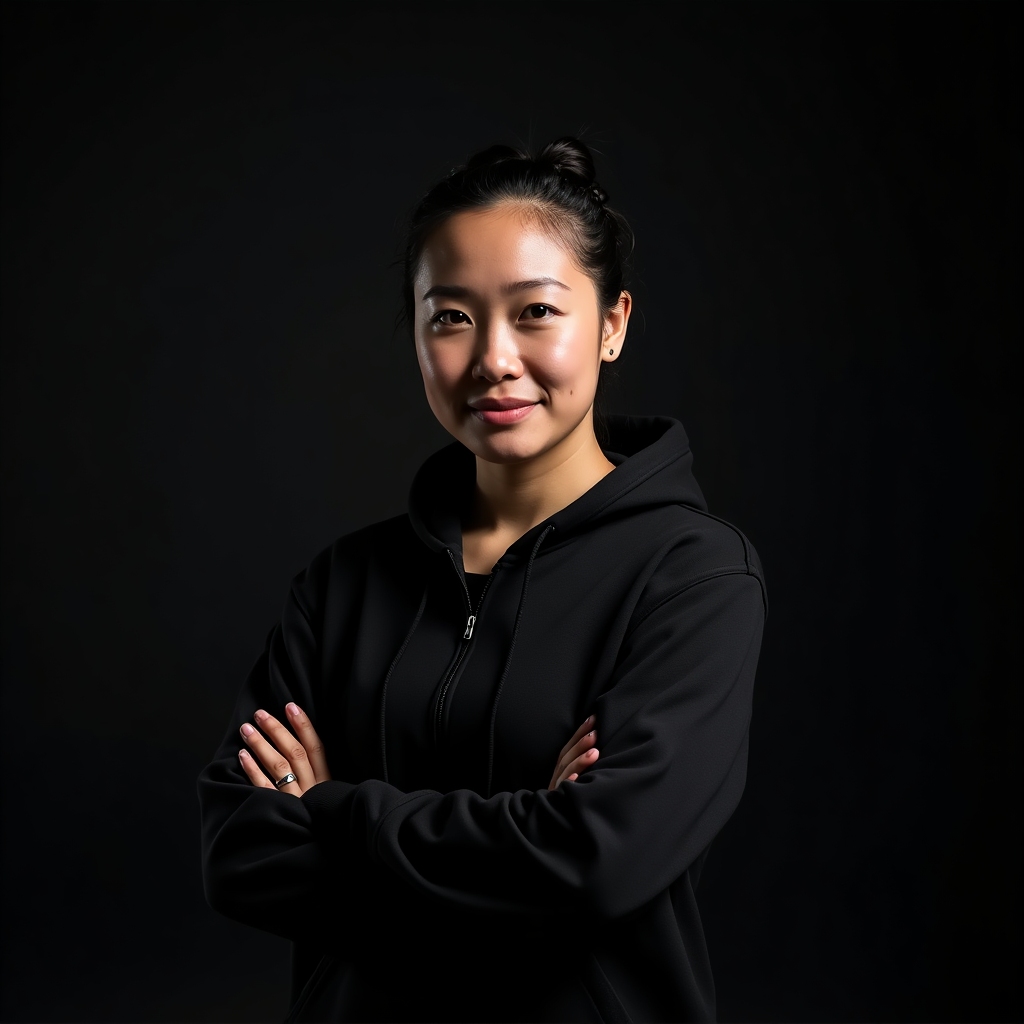 Coach Maya Kim in a dark hoodie with braided hair, arms crossed