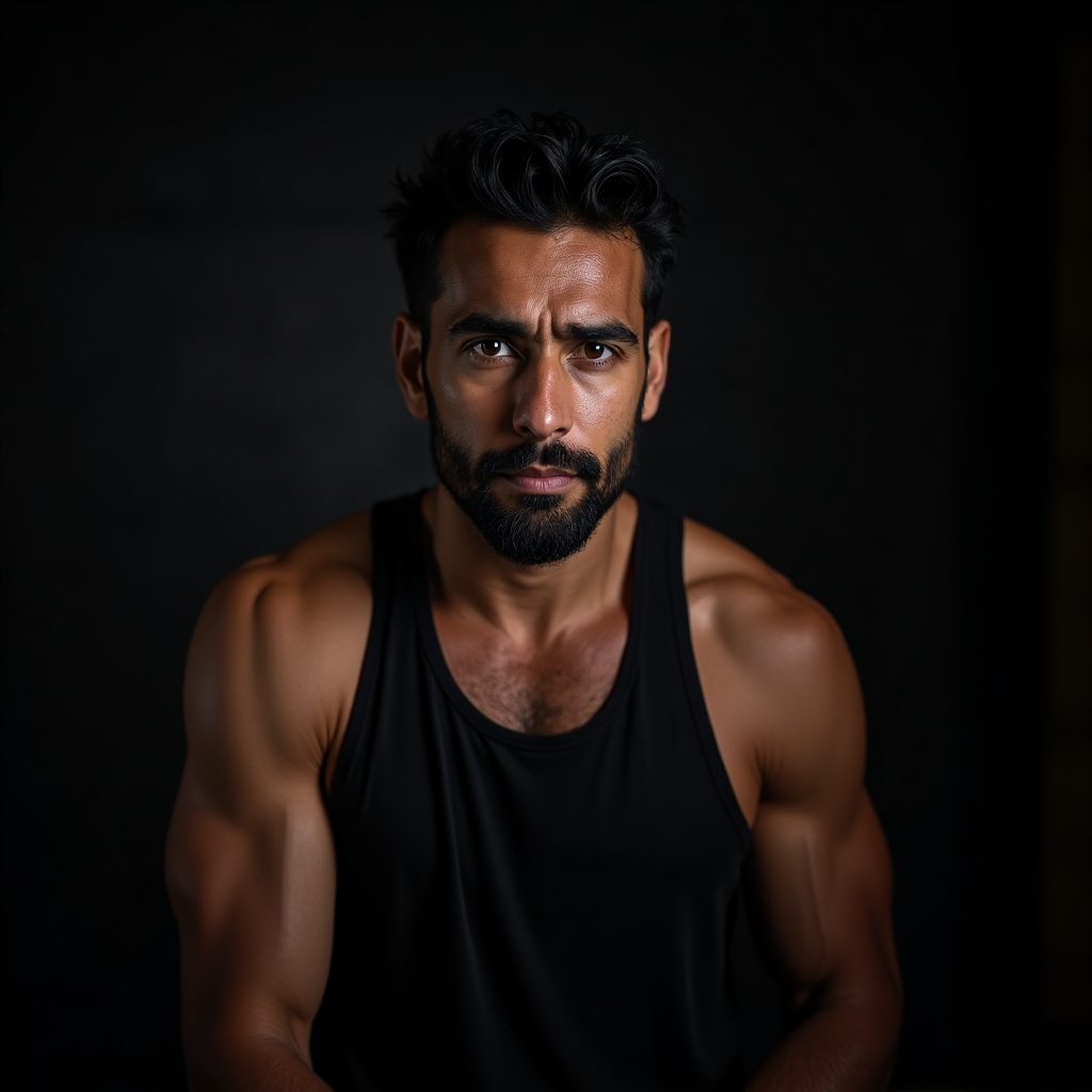 Coach Ryan Patel in a sleeveless training top with hand wraps, focused expression