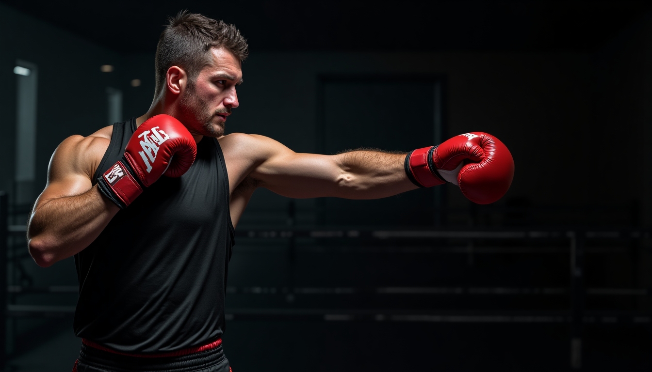 A powerful boxer in dark training gear throwing a sharp punch inside a gritty gym