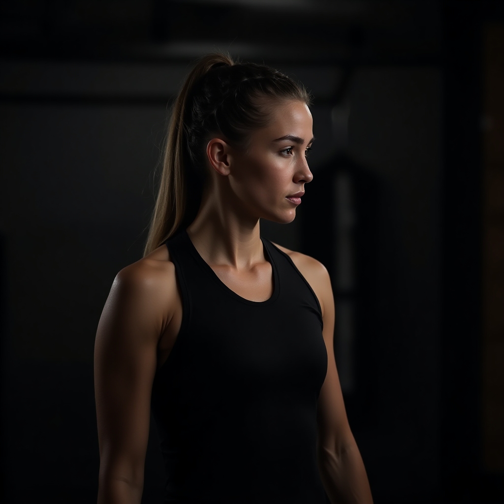 Determined young woman with braided hair wearing a black boxing tank, focused gaze in a dim gym