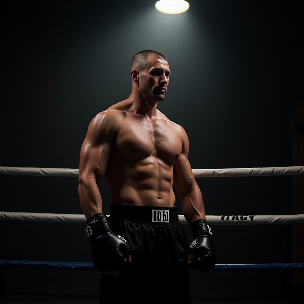 Athletic middle-aged man with a shaved head wearing hand wraps, standing in a boxing ring under dramatic lights