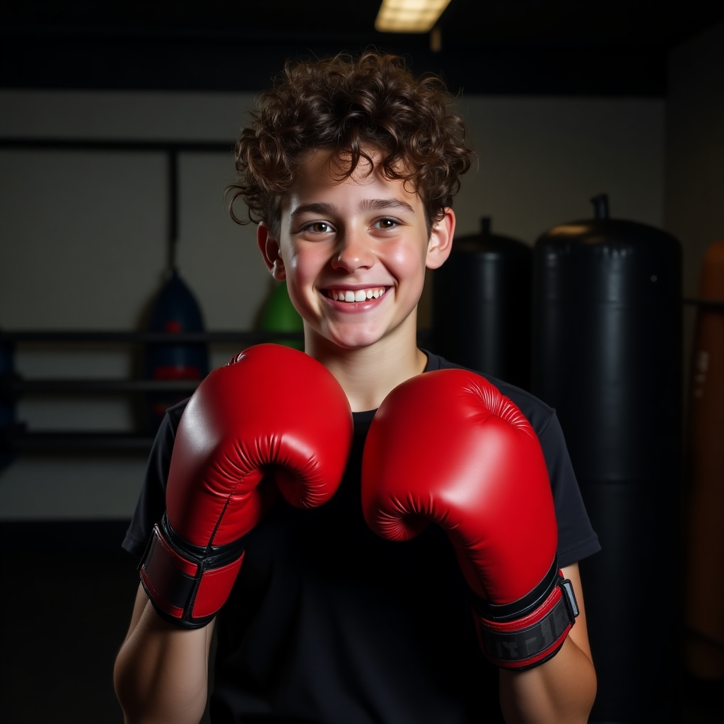 Teen boxer with short curly hair wearing red gloves, smiling after training in a gritty boxing gym