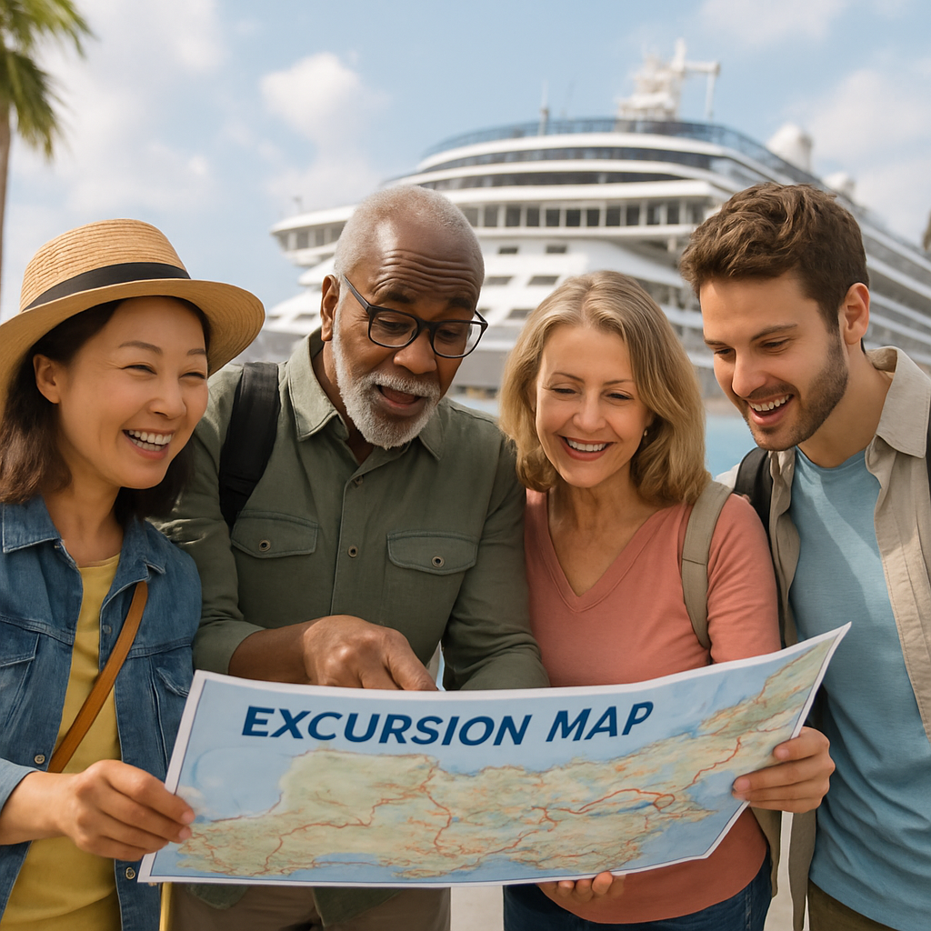 Travelers reviewing an excursion map together
