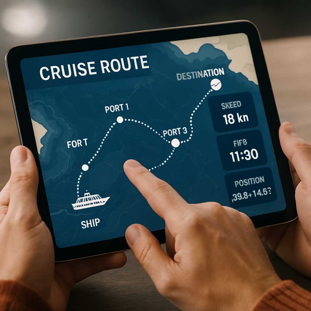 Interactive travel tool on a tablet showing real-time cruise route