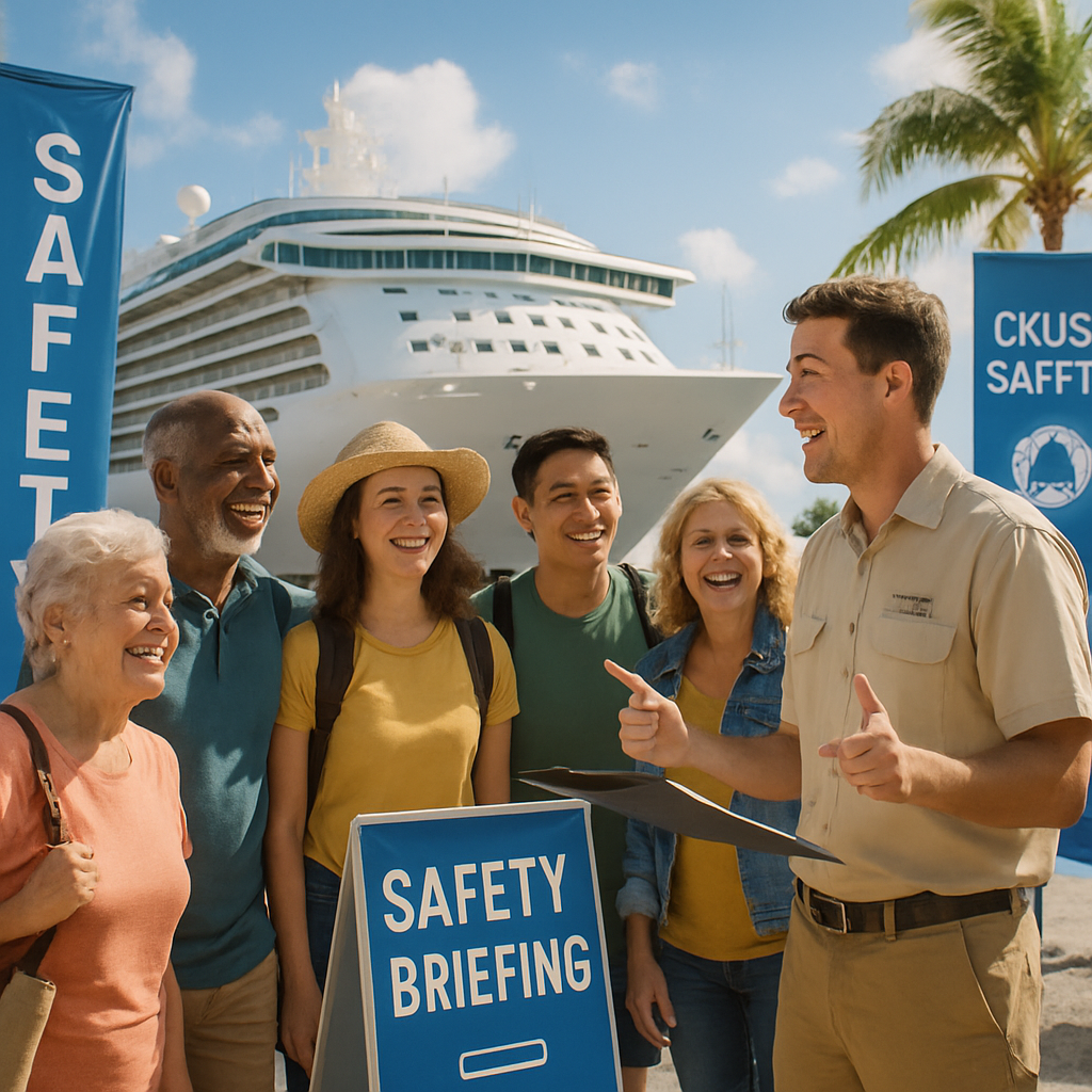 Travelers receiving a safety briefing at a cruise destination