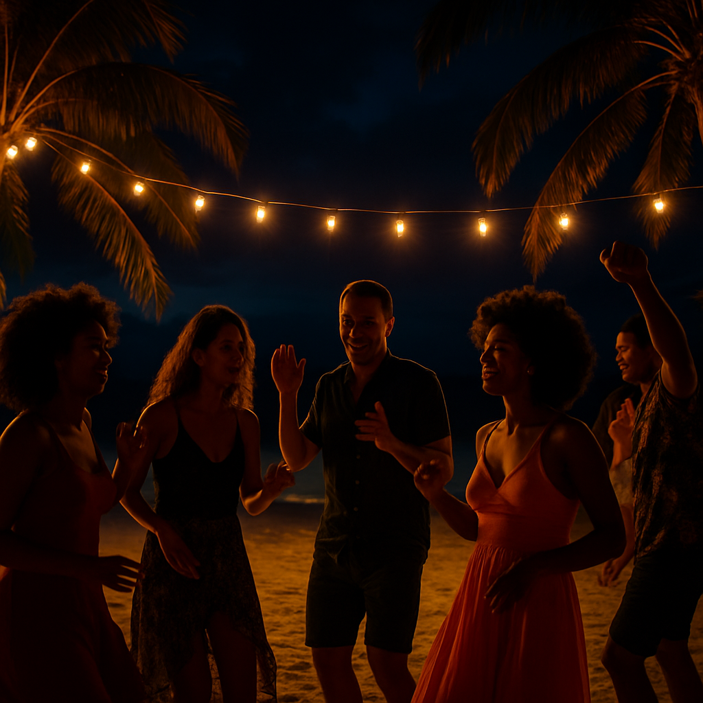 Beachside party at night with string lights, palm trees, and people dancing