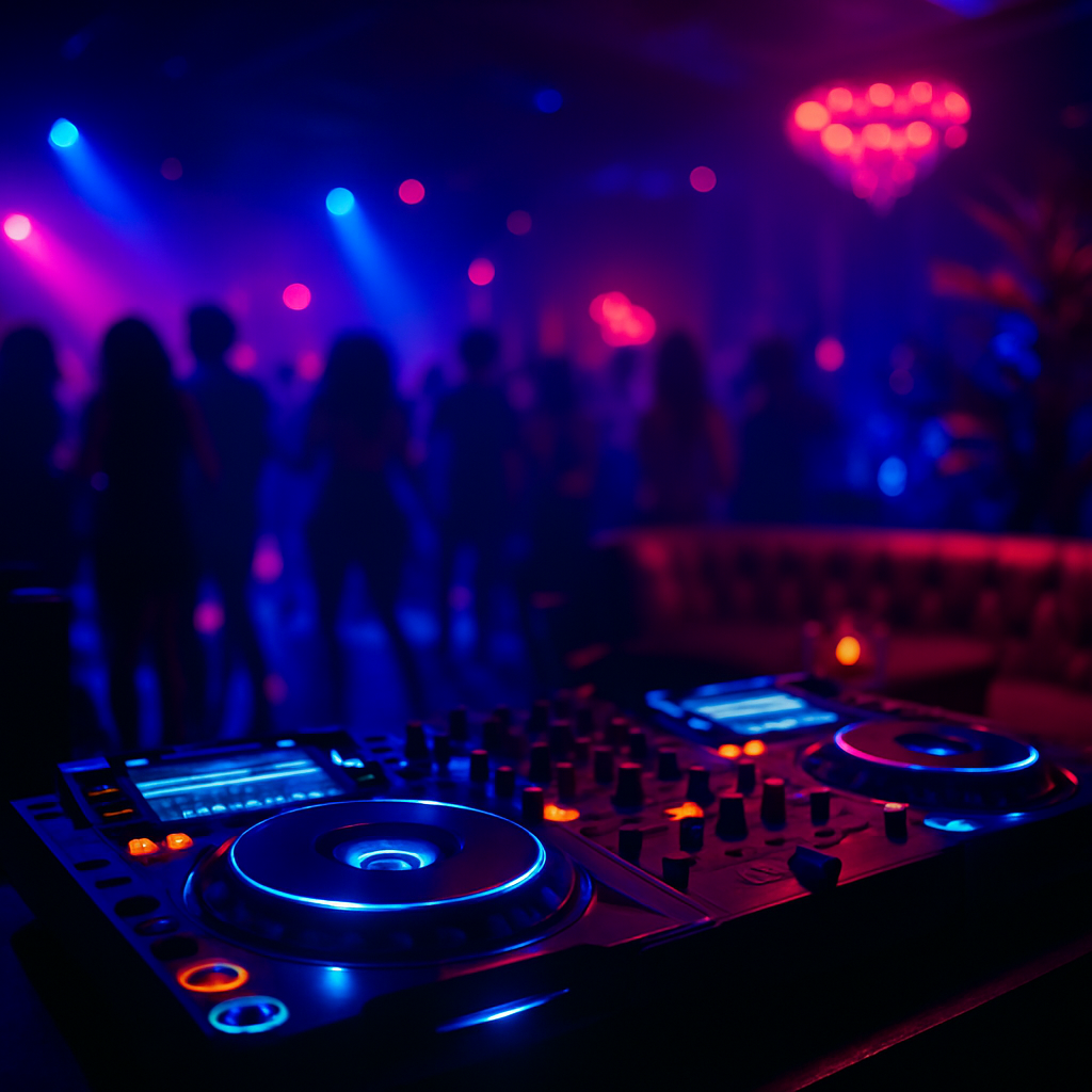 DJ booth with glowing equipment and crowd silhouettes in a premium lounge