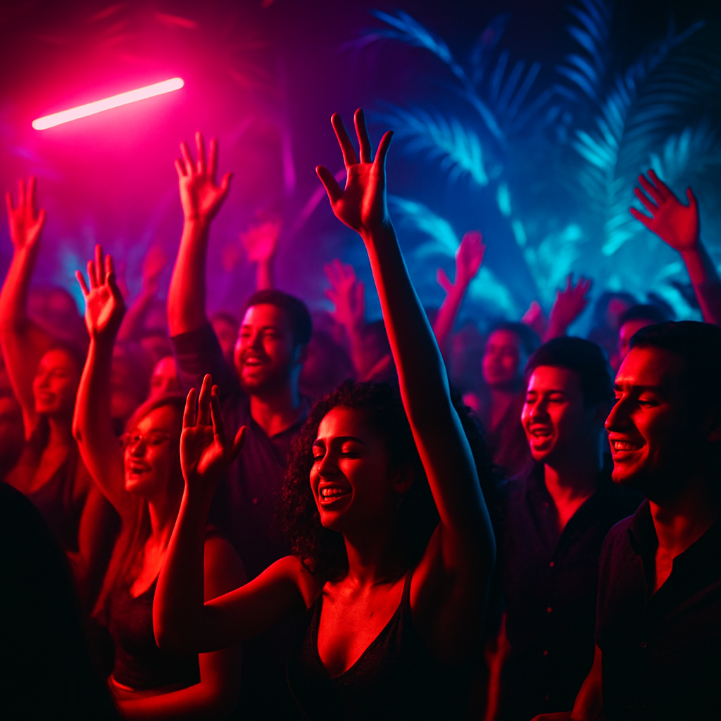 Vibrant nightlife crowd under neon lights with raised hands and tropical lighting