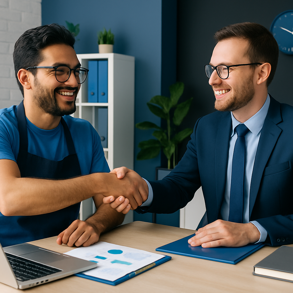 Happy small business owner shaking hands with a financial advisor, both smiling in a modern workspace
