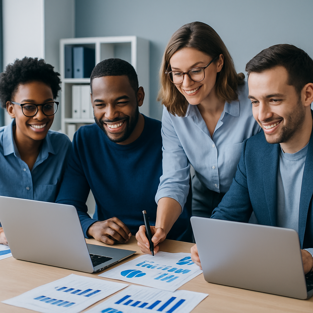 Modern accounting team collaborating in a bright office with laptops and financial charts