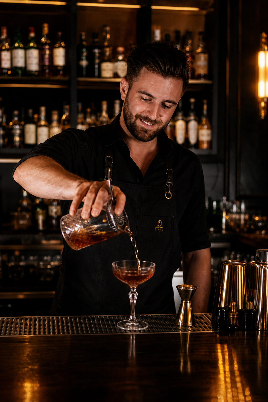 Friendly bartender in a dark tavern setting pouring a cocktail with a gold-accented bar backdrop