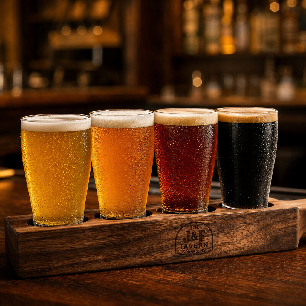 Craft beer flight with four amber and stout pours on a wooden paddle