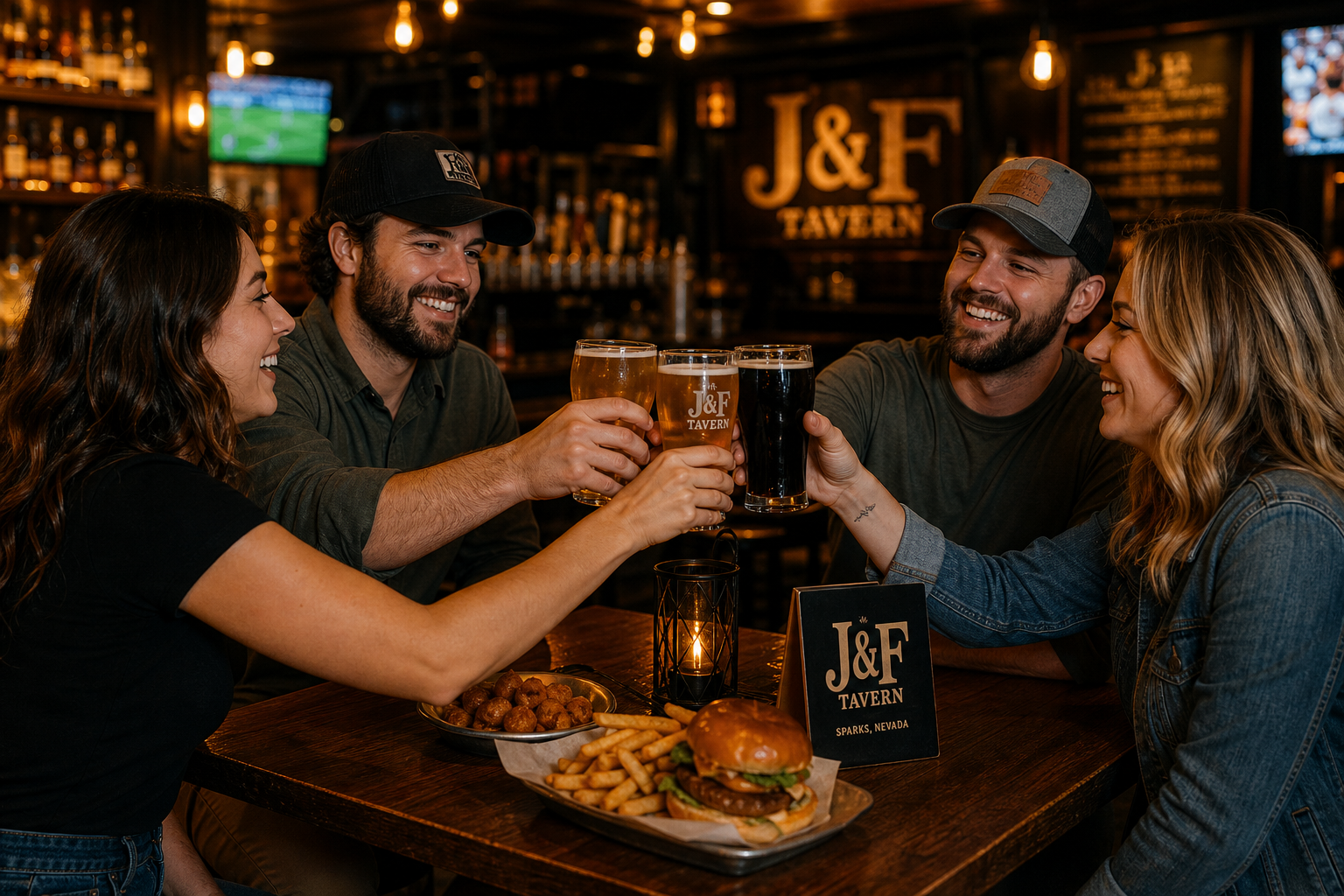 Group of friends clinking craft beers at a high-top table with warm tavern lighting