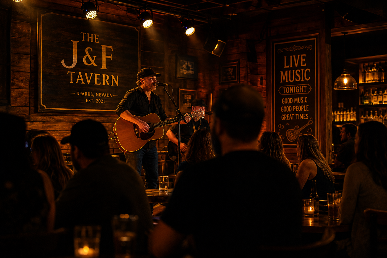 Live music stage with guitarist and vocalist under warm spotlights in a cozy tavern