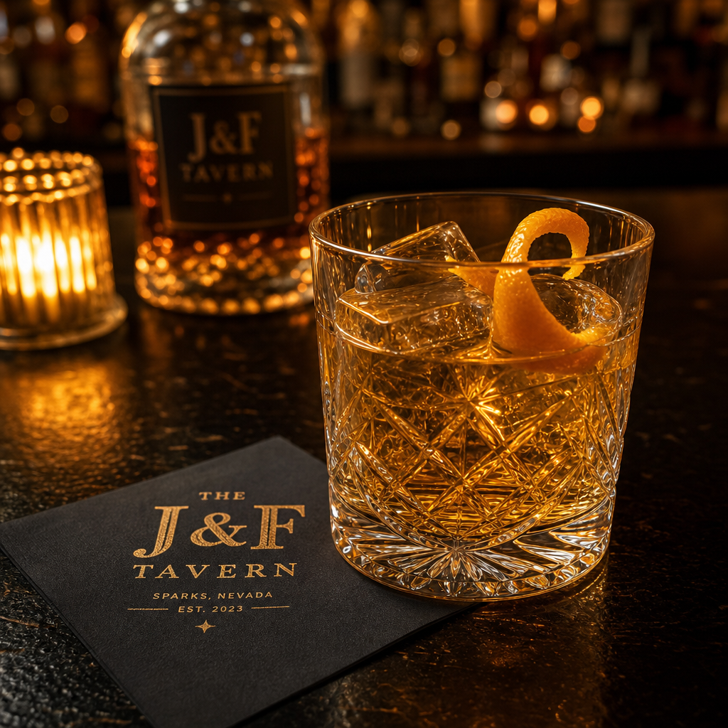 Golden whiskey cocktail in a cut crystal rocks glass with citrus peel and branded napkin