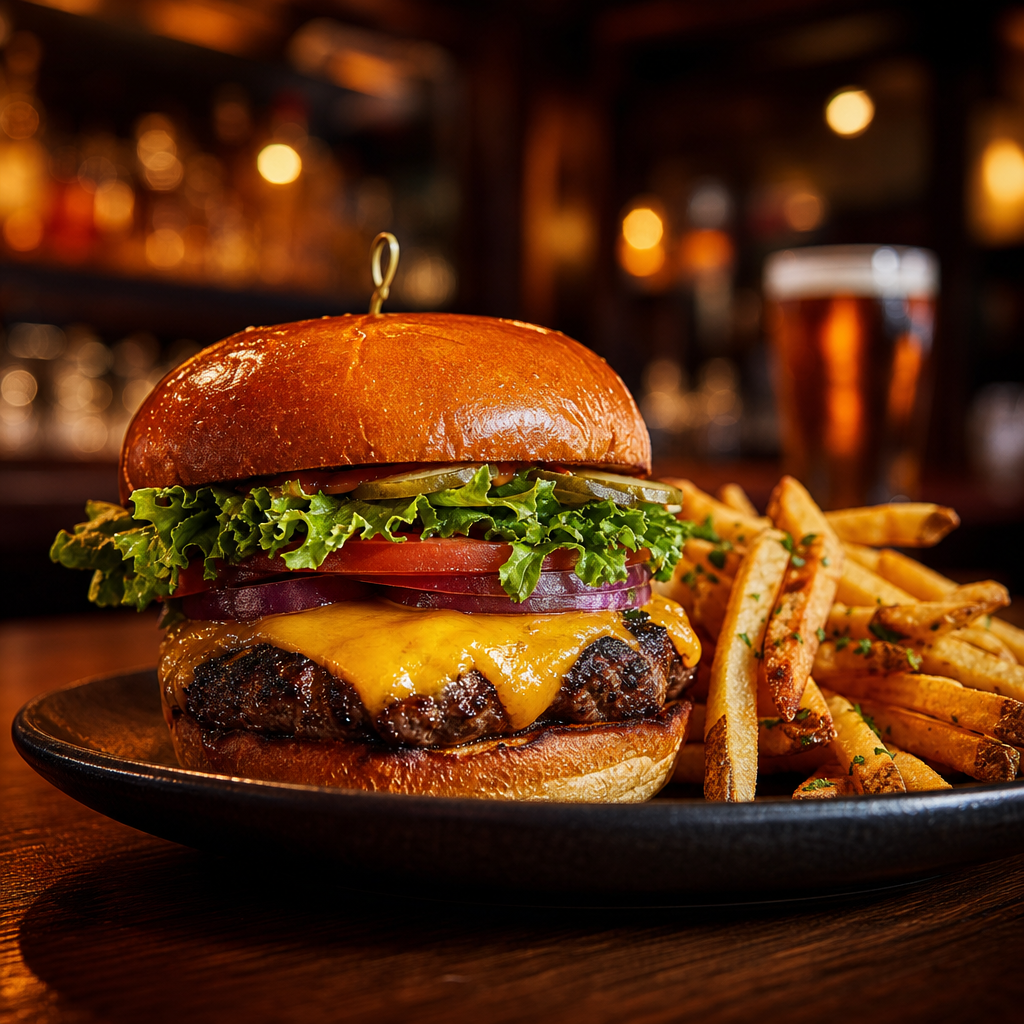 Thick tavern burger with melted cheddar, crisp lettuce, and golden fries on a dark plate