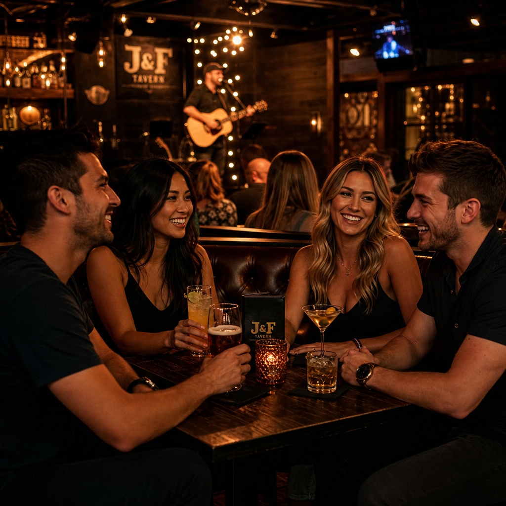 Friends gathered at a cozy tavern booth with soft lighting and live music ambiance