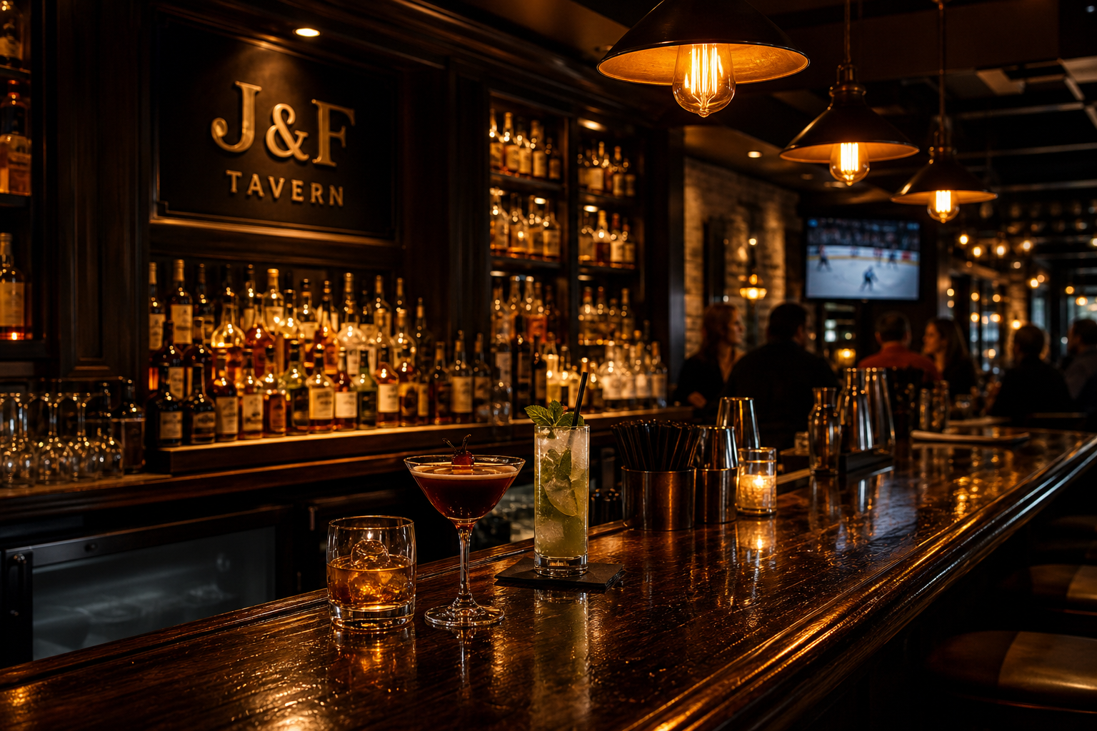 Warmly lit tavern bar with polished wood, craft cocktails, and amber lighting
