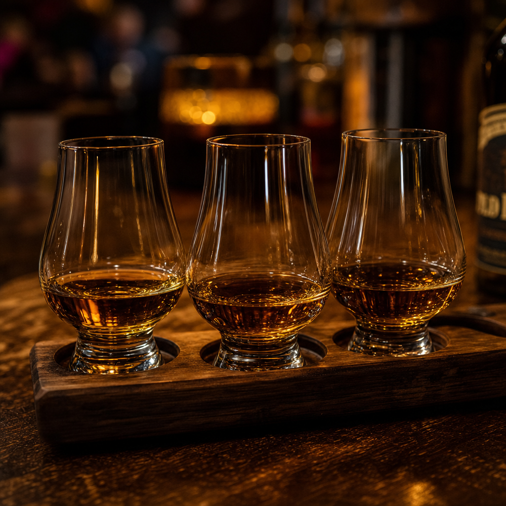 Close-up of a whiskey flight on a dark wooden table with golden light reflections