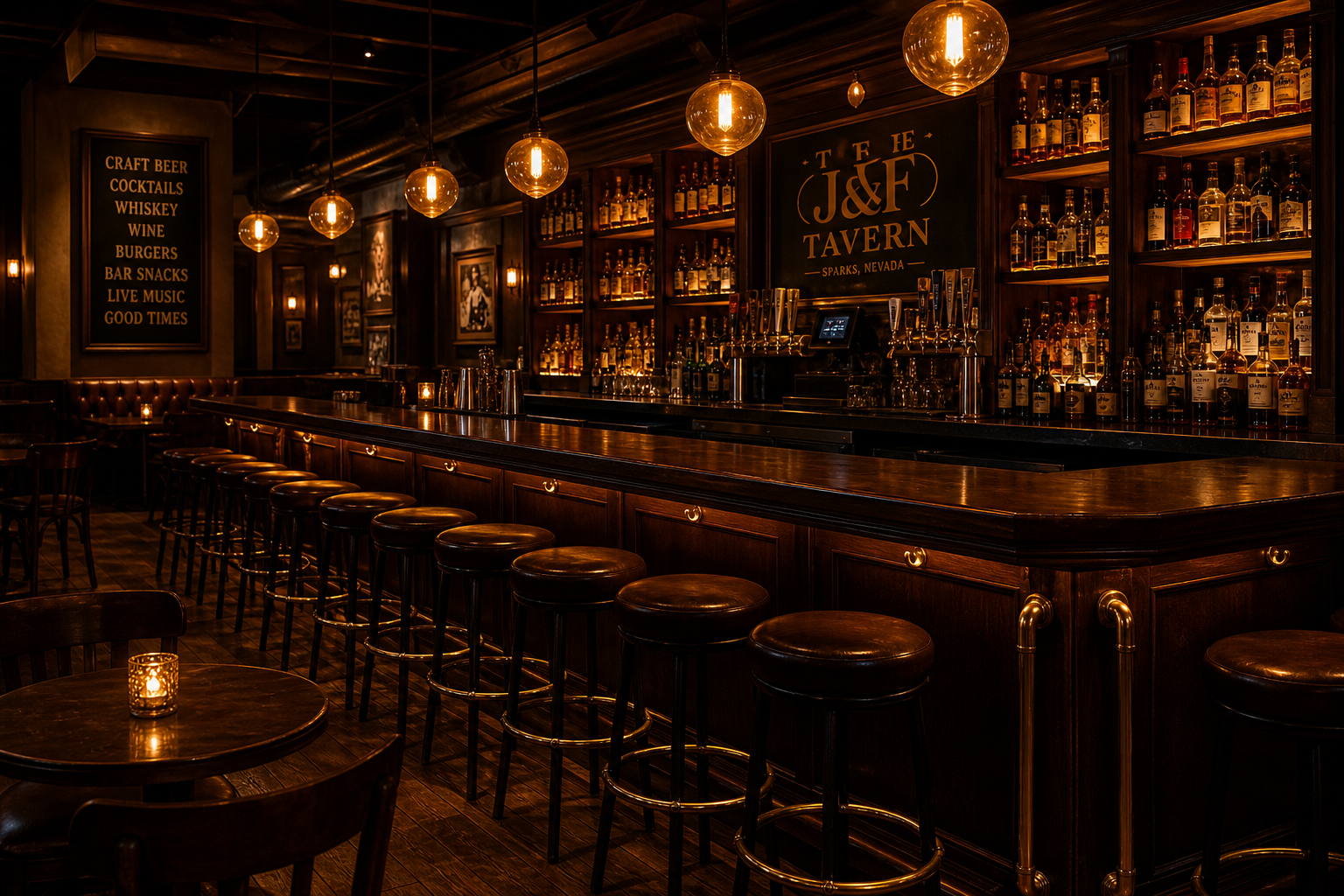 Warmly lit tavern interior with polished wood bar, high stools, and amber lighting