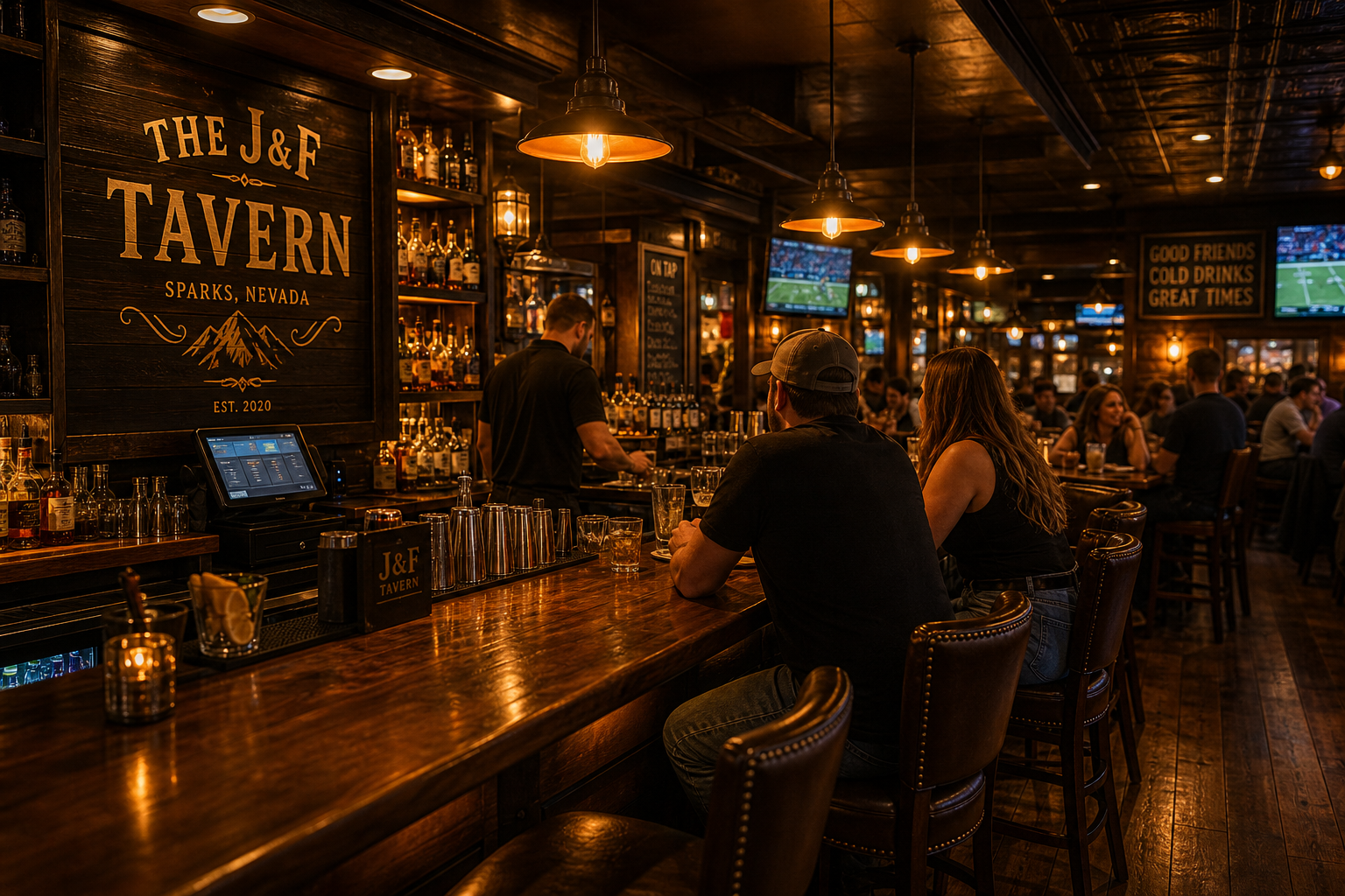 Warm tavern interior with polished wood bar, amber pendant lights, and patrons seated in soft glow